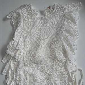 Olivaceous White Ruffled Bib Collar Blouse
